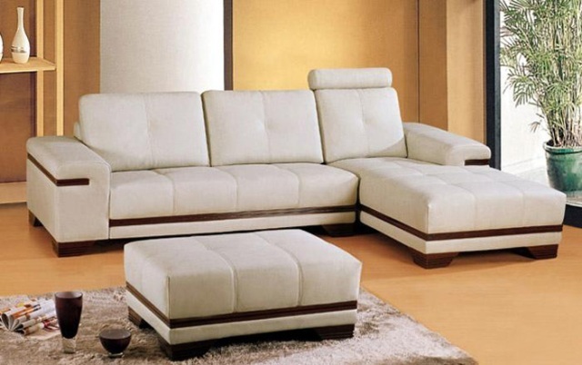 Ghế sofa da cao cấp góc phải + đôn màu trắng kem 