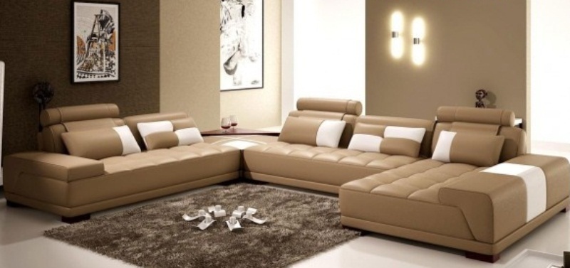 Ghế sofa da cao cấp góc phải màu vàng bò nhạt 