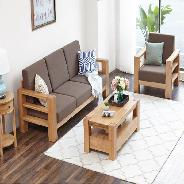 Sofa gỗ sồi xuất khẩu đẹp set 3 Brown